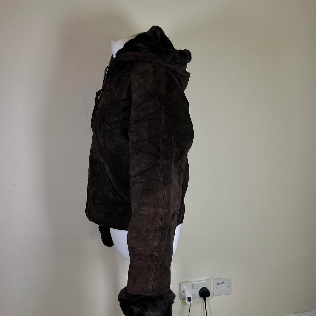 Vintage Suede Hooded Leather jacket with Faux fur trim