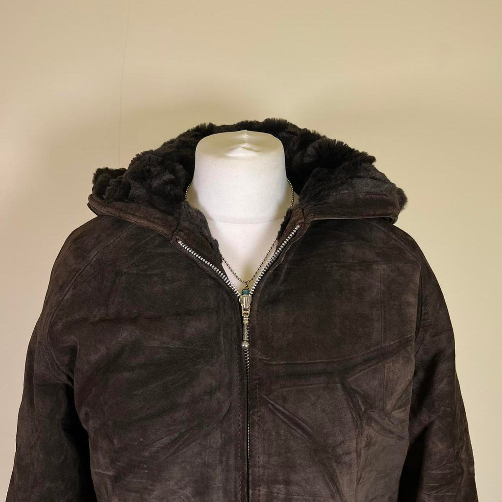 Vintage Suede Hooded Leather jacket with Faux fur trim