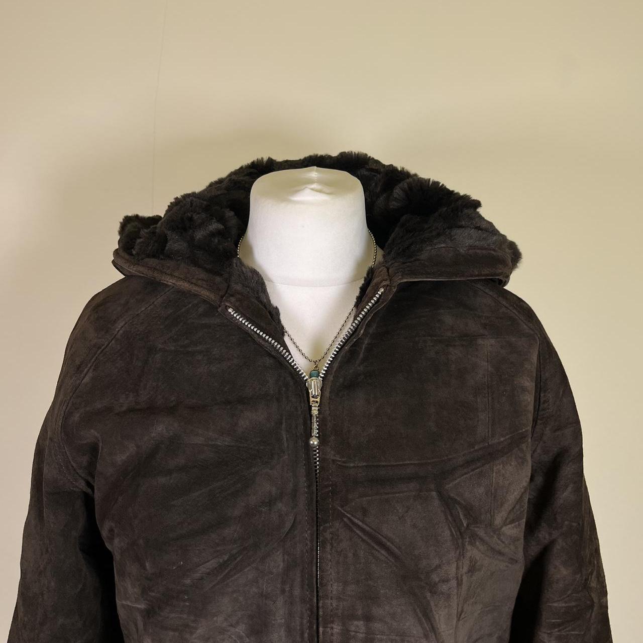 Vintage Suede Hooded Leather jacket with Faux fur trim