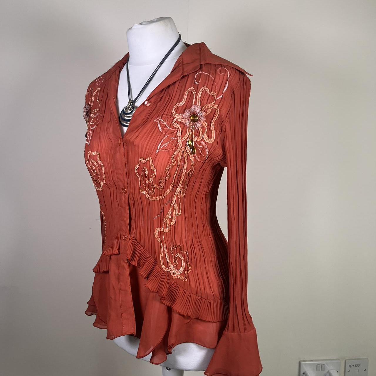 Vintage Y2k Mesh Ruffled Shirt with floral embroidery