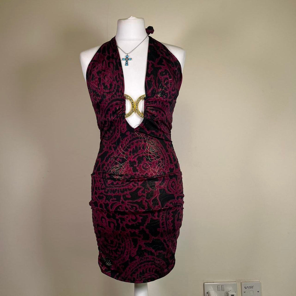 Y2K Vintage halter neck Dress with Gold ring accent