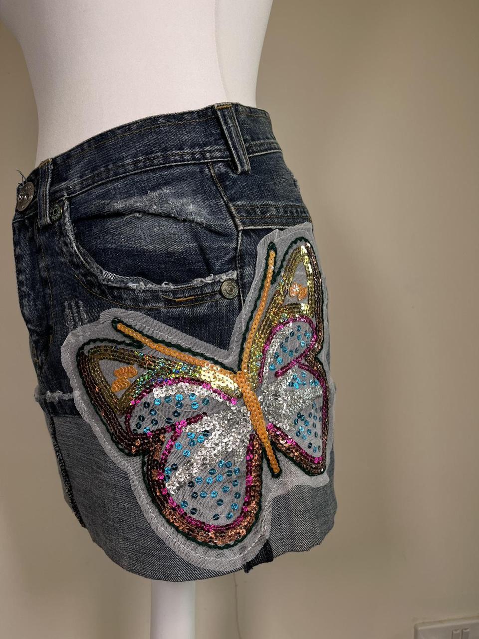 y2k embroidered denim skirt with sequin butterfly