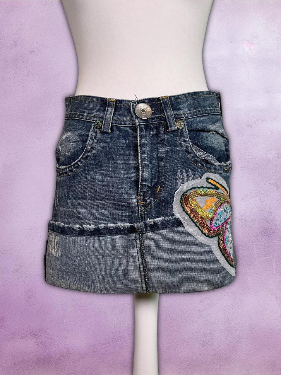 y2k embroidered denim skirt with sequin butterfly